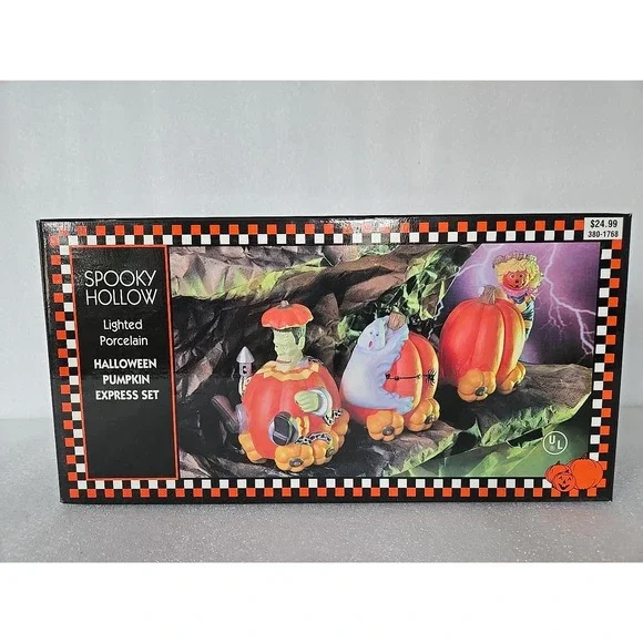 Spooky Hollow Lighted Porcelain Halloween Pumpkin Express 3 Train Set 1997 Light