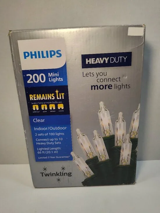 Philips 200ct Clear Mini Christmas Lights Heavy Duty Connectable Green Wire Open