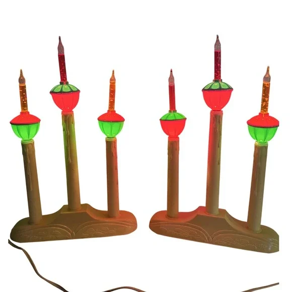 Vintage Christmas Bubble Light Candelabra Pair Red Green 3-Light
