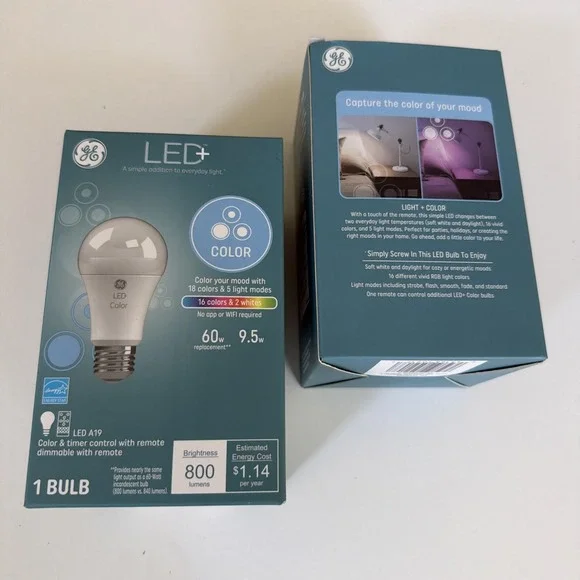 Lot of 2 GE LED+ Color A19 Bulbs 60W Eq 800lm Remote 16 Colors NEW.    5194