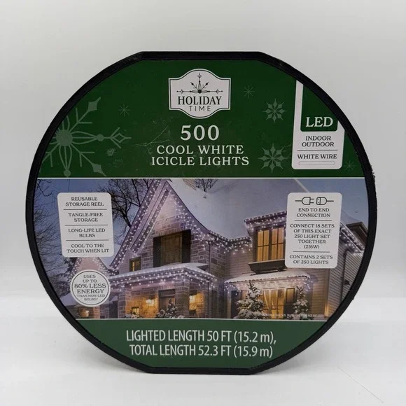 Holiday Time 500 Cool‎ White Icicle LED Christmas Lights White Wire 52.3 FT NEW
