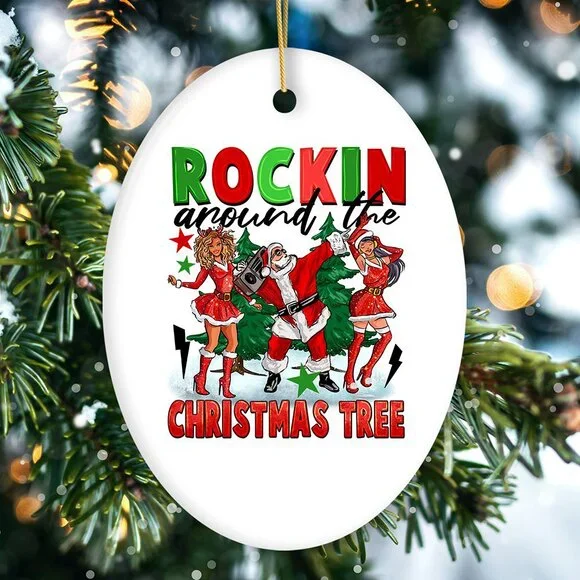 Rockstar Dancing Santa and the Ladies Cool and Funny Ornament, Rockin Around th