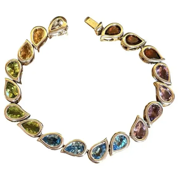 Tennis Bracelet Sterling Silver and Multi Teardrop Gemstones Vintage 7.25 Inch