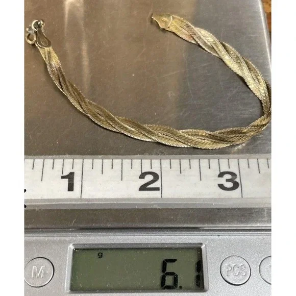 Vintage Italy 925 Sterling Silver Gold Wash Braided Herringbone Bracelet 7.5 In