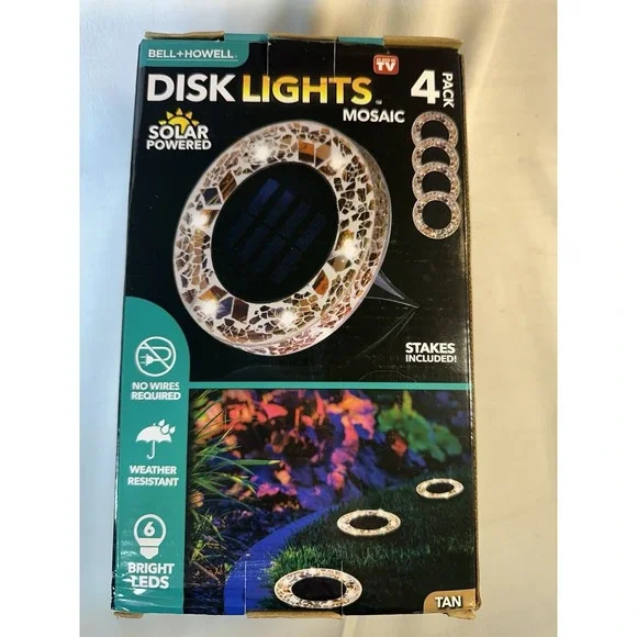 BRAND NEW Bell + Howell Solar Powered Disk Lights Mosaic Beige 4 PC Set