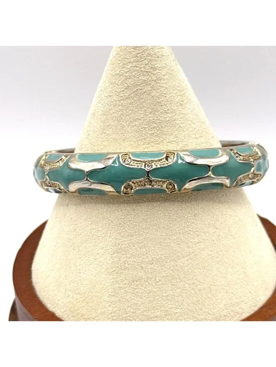 Teal Green Bangle Bracelet Gold Tone Rhinestones Enamel Hinged Clamper 7