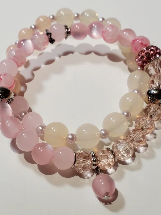 Elegant Pink Pearl Inspired & Crystal Beaded Stretch Bracelet - Unbranded