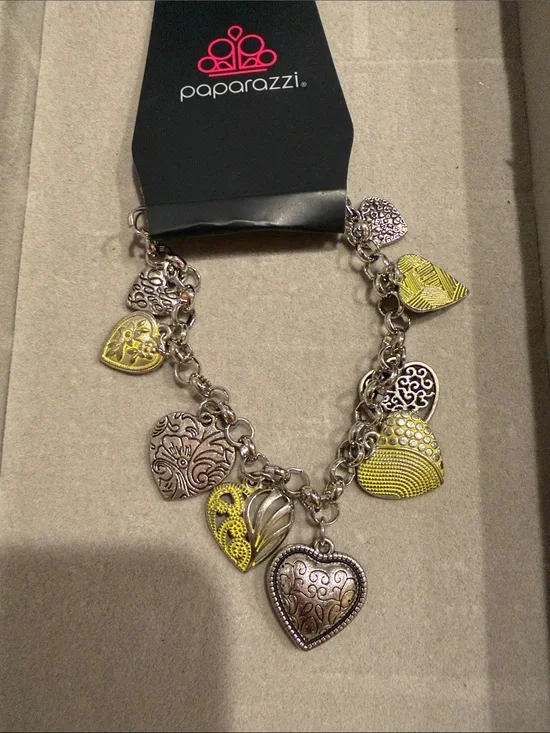paparazzi Yellow and Silver Heart Charm Bracelet