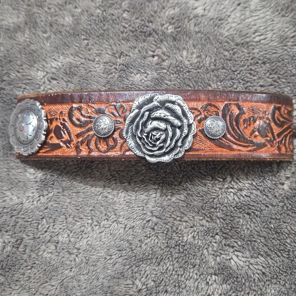 Brown Leather Bracelet Silver Conchos Rose Accent Southwestern Boho Artsy