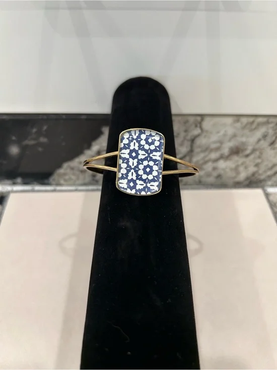Barse Gold-Tone Blue Floral Tile Cuff Bracelet