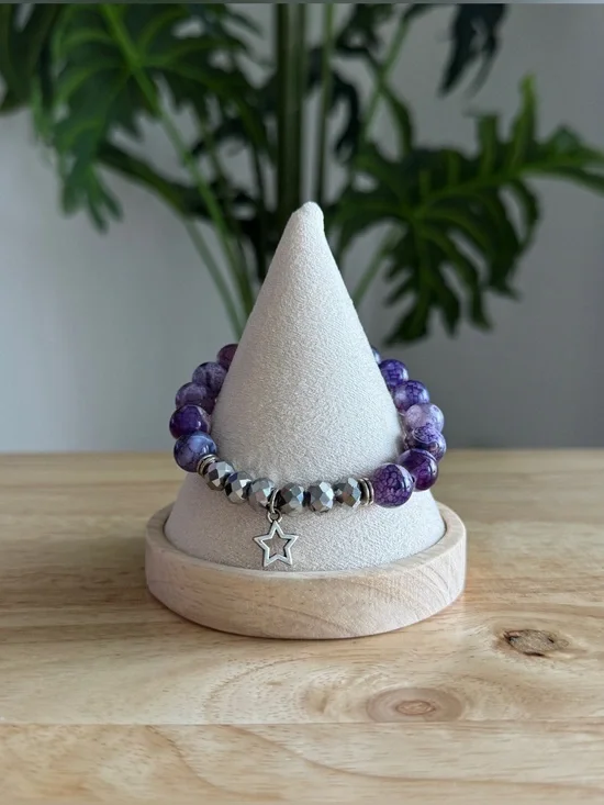 Purple Marbled Beaded Stretch Bracelet w/ Silver Star Charm | Ryze Party