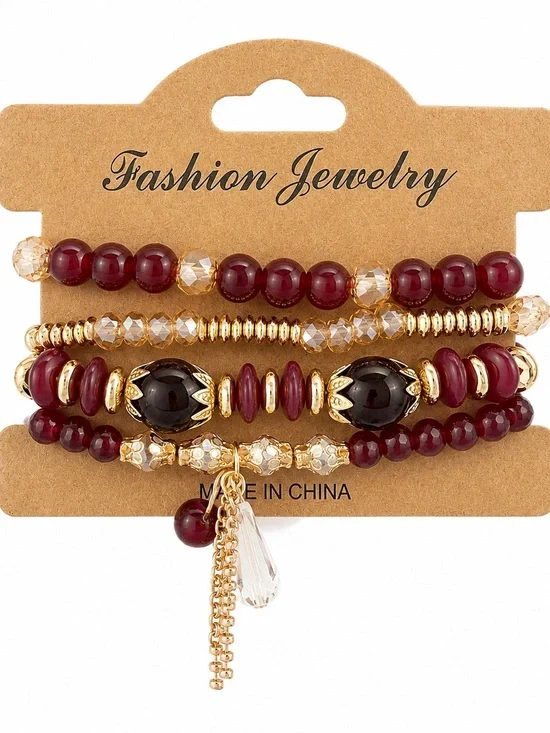 Burgundy Gold Beaded Bracelet Stack Crystal Charm Stretch Boho Layered Set NWT
