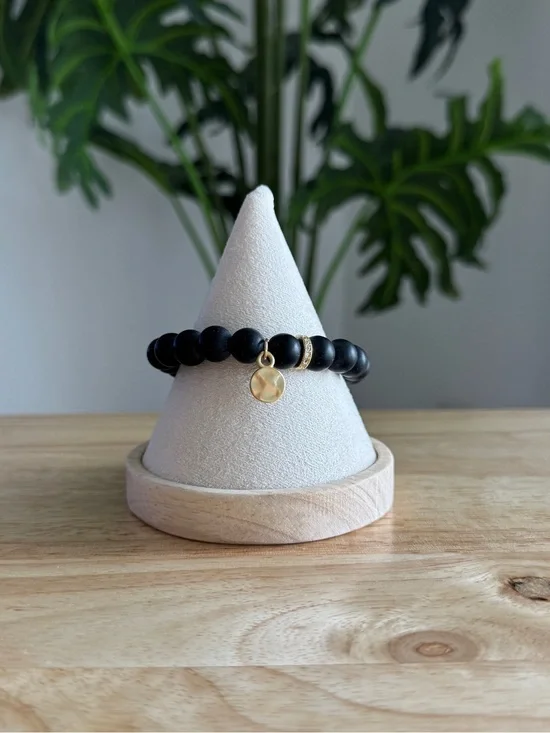 Matte Black Beaded Stretch Bracelet with Gold Charm