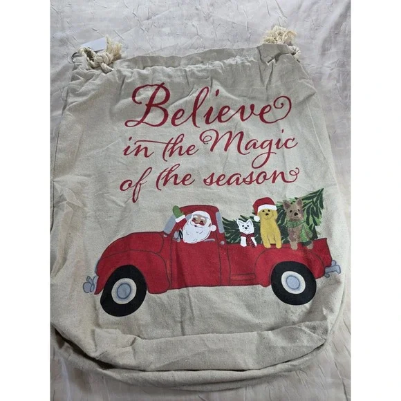 Christmas Santa Sack Red Truck Dogs Believe Magic Season Burlap Drawstring Bag
