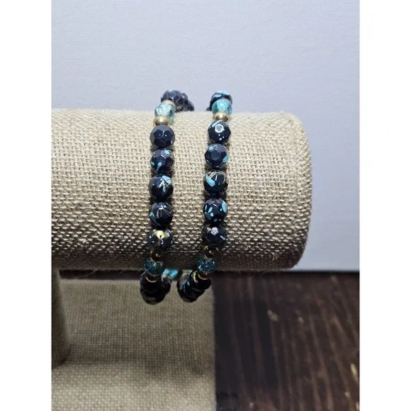 Vintage 2 Strand Bead Bracelet Black Turquoise Gold Splatter Lightweight Boho