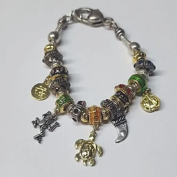 European Style Charm Bracelet Full of Charms Two Stopper Beads Turtle Frog