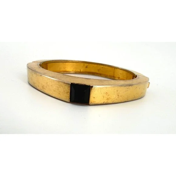 Vintage Gold Tone Hinged Bangle Bracelet Square Black Stone Geometric Cuff