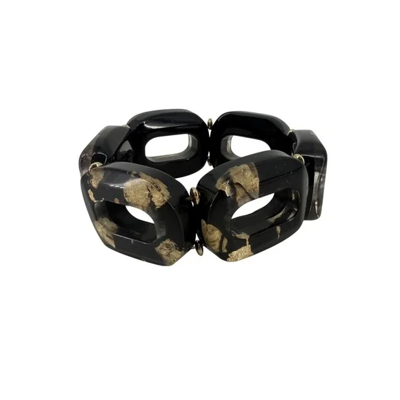 Black and Gold Leaf Resin Chunky Stretch Bracelet Statement Rectangular Link