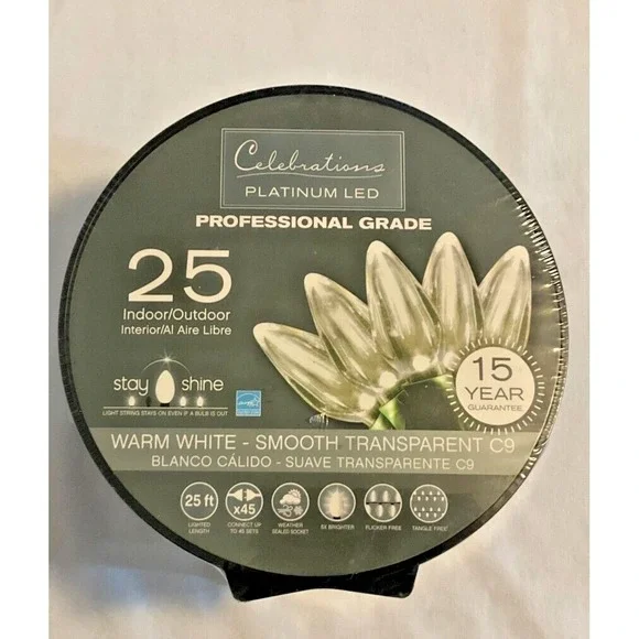 Celebrations Platinum LED Lights Pro Grade Warm White 25' Smooth Transparent C9
