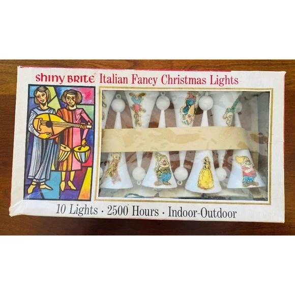Vintage Shiny Brite Italian Fancy Christmas Lights Snow White Themed 7 Dwarfs Wo