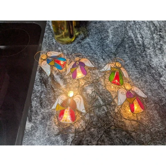 Vintage Multicolor Capiz & Wire Angel Playing Trumpets String Lights 5 Angels
