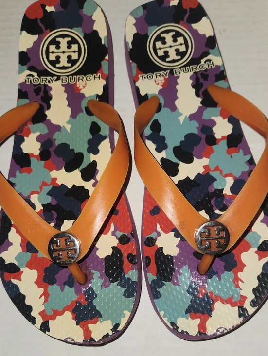 Tory Burch Orange-Strap Flip Flops with Multicolor Camouflage Footbed