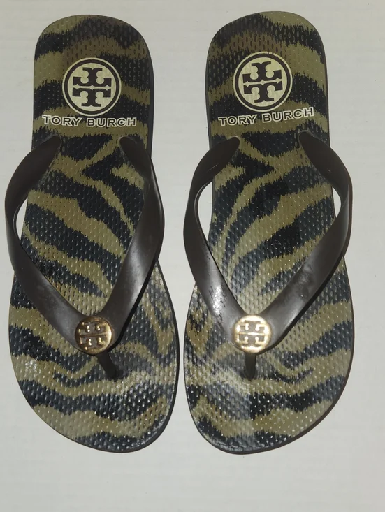 Tory Burch Olive and Black Zebra-Print Flip Flops with Gold Logo