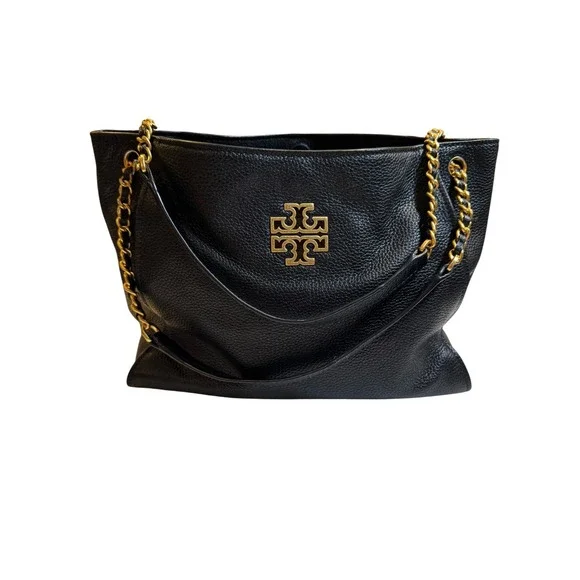 Tory Burch Britten Combo Tote Black Pebbled Leather Gold Chain Shoulder Bag