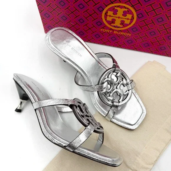 Tory‎ Burch Geo Bombe Miller Sandals Metallic Silver Thong Low Heel Sz 6