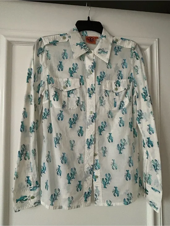 ⛵️⛴️🦞🦞🦞Tory Burch White Shirt with Teal Lobster Print🦞🦞⛵️
