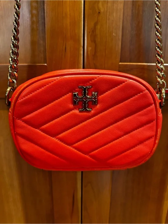 Tory Burch Orange-Red Quilted Crossbody with Gold Logo