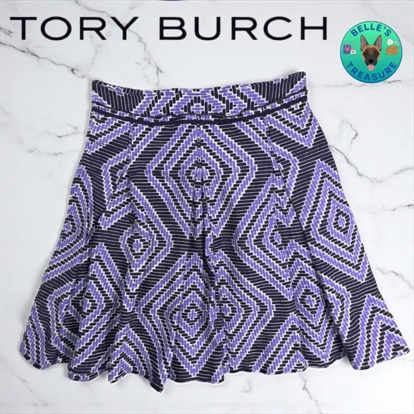 Tory Burch Women's 8 Purple Black Geometric Pleated A Line Skirt Cotton‎ Linen