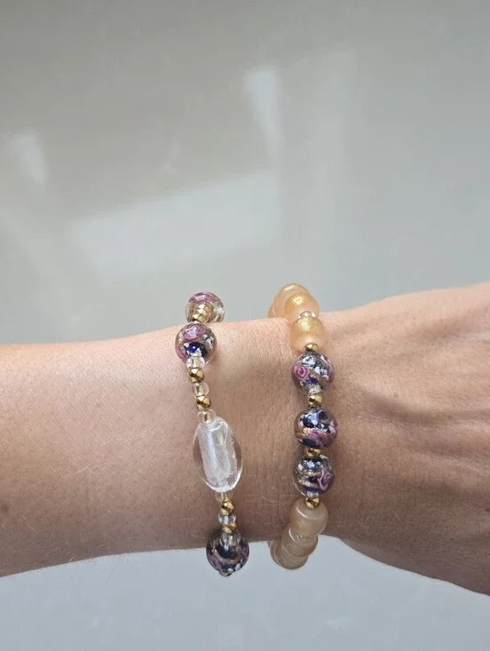 Handmade Vintage Glass Floral And Gold Beaded Stretch Bracelet Set