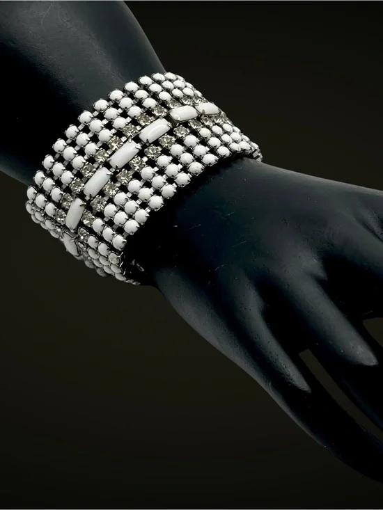 Stunning Vintage MidCentury Milk Glass and Rhinestone Statement Bracelet Estate