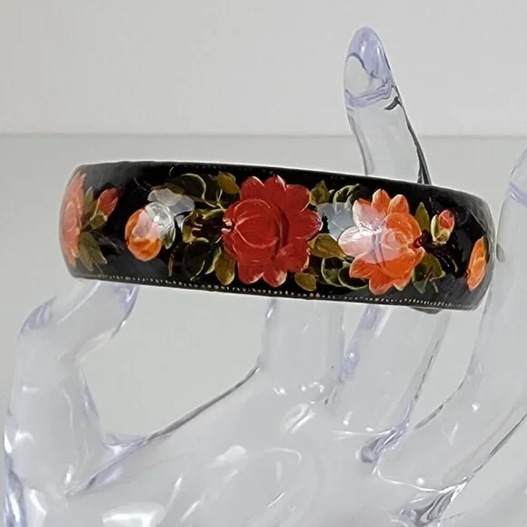 Vintage Hand Painted Russian Lacquer Bangle Bracelet Black And Red 8 In