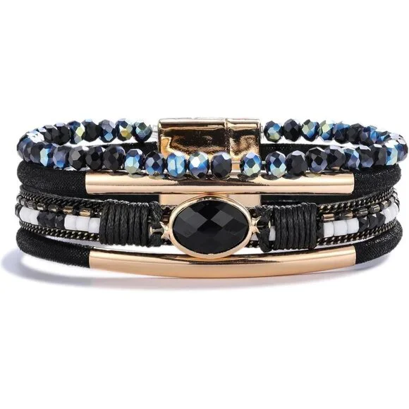 Leather Wrap Bracelet Crystal Beads Boho Cuff Charm Jewelry for Women