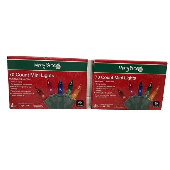 Merry Brite 70 Count Mini Lights Indoor Outdoor 2 Box Multi Bulb Green Wire