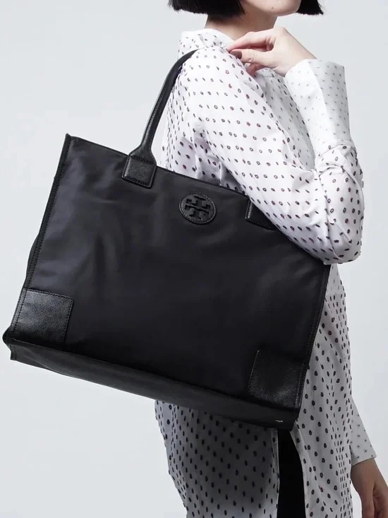 Tory Burch Black Nylon Ella Tote Bag Double T Logo Leather Trim Large Shopper