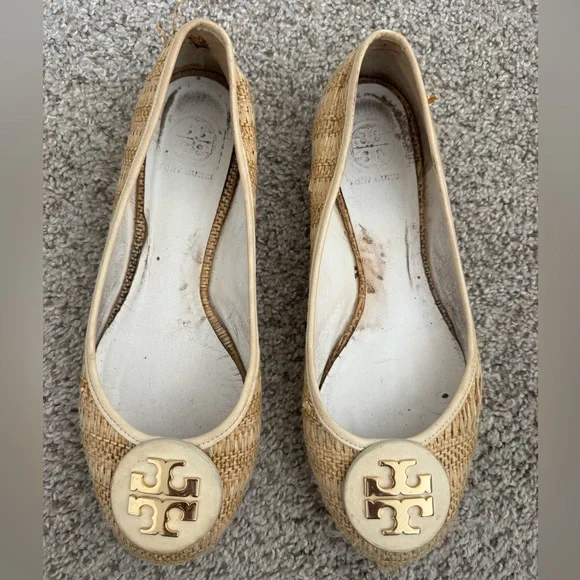 Tory Burch Reva Raffia Ballet Flats | Beige Leather Designer Shoes