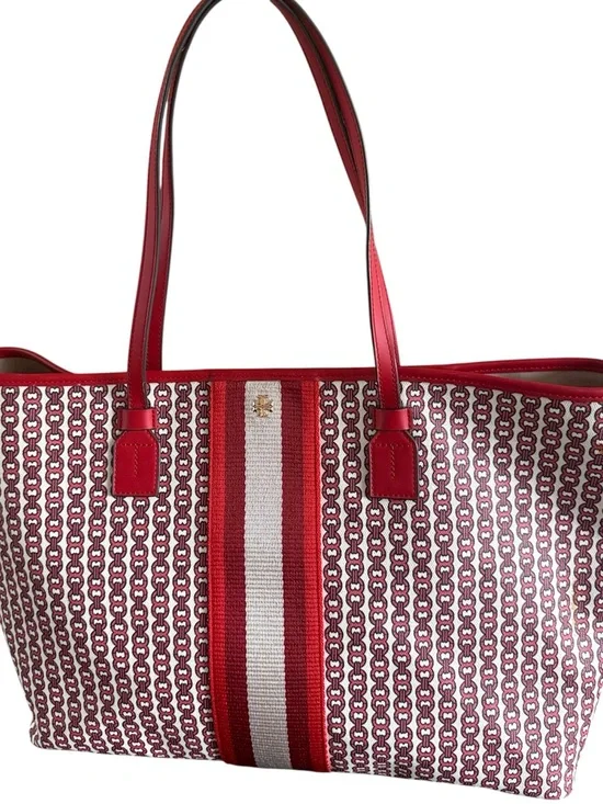 Tory Burch Gemini Link Canvas Tote Bag Red White Striped Like New