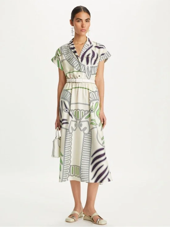 Tory Burch Printed Silk Twill Shirtdress Ivory Zebra Motif Midi Dress Sz 8