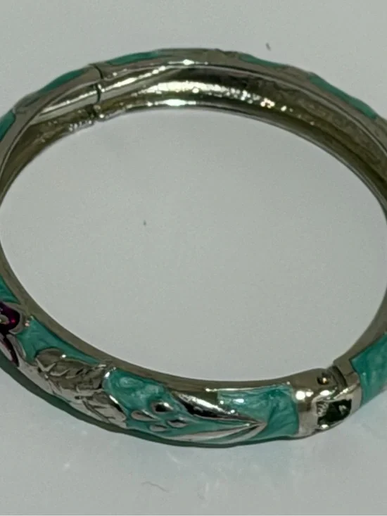 Turquoise Enamel Silver-Tone Floral Bangle Bracelet
