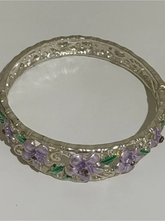 Silver-Tone Purple Floral Enamel Bangle Bracelet