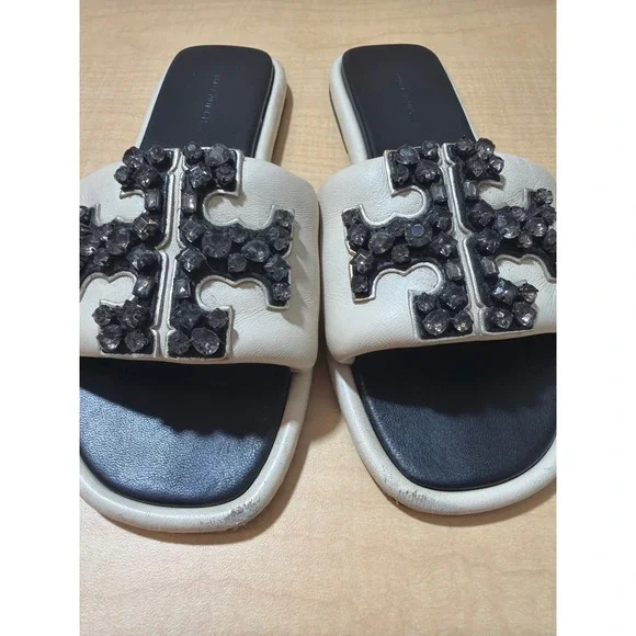 Tory Burch Eleanor Crystal Embellished Slide Sandals Cream Black Leather Sz 7