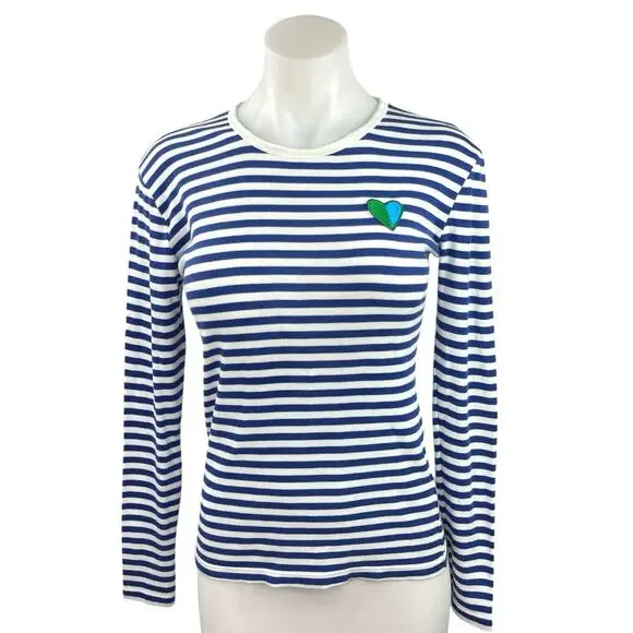 Tory Burch Sport Blue White Striped Embroidered Heart Long Sleeve Top Size XS