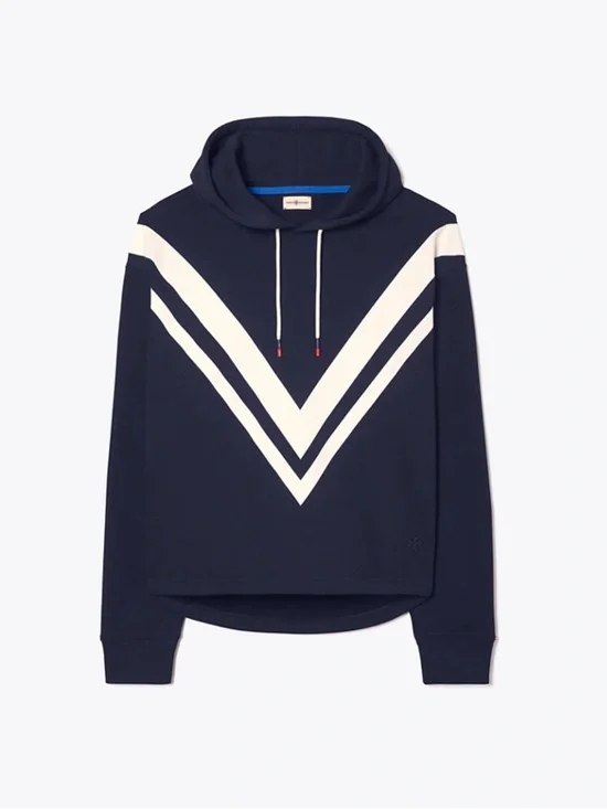 Tory Burch Tory Sport Navy White FRENCH TERRY CHEVRON HOODIE Pullover Small