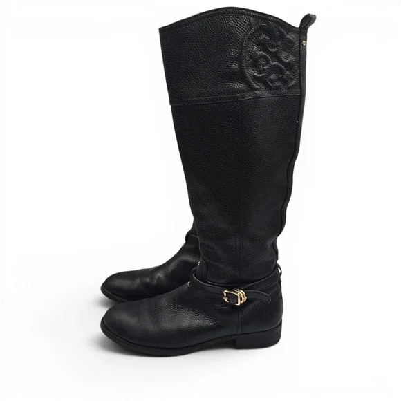 Tory Burch Black Pebbled Leather Riding Boots Size 9M Embossed Logo Gold Buckle