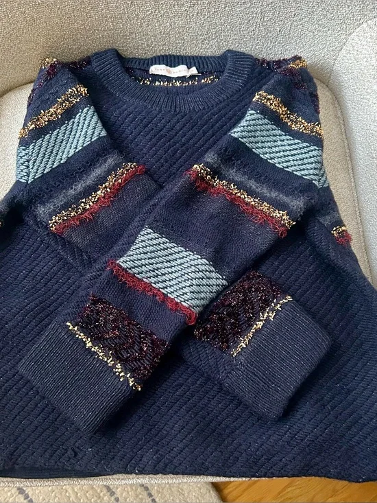 Tory Burch Navy and Metallic Wool Sweater