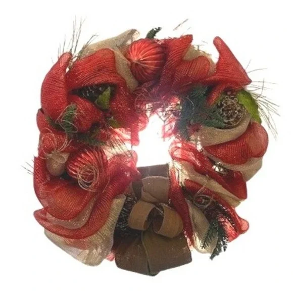 Christmas Deco Mesh Wreath Red‎ Gold Burlap Rustic Holiday Door Decor Pinecones