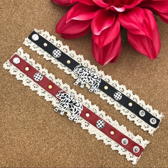 🌼 Leather & Lace Elephant Houndstooth Buttons Wrap Snap Bracelet